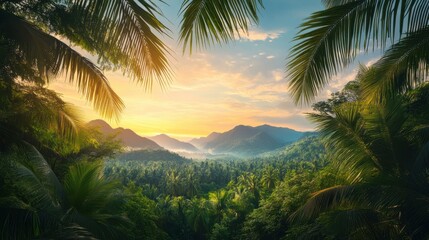 Lush green tropical forest with towering palm trees and misty mountains in the background, tropical landscape, exotic nature scenery, tropical travel destinations, scenic forest with palms.