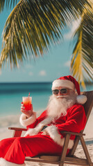 Obraz premium Santa Claus relaxing on tropical beach with a cocktail under palm trees