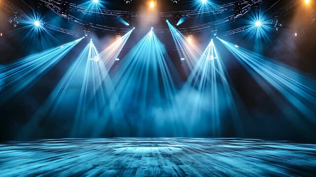 Empty stage illuminated by bright blue spotlights, showcasing event production, concert lighting, and professional stage design.

