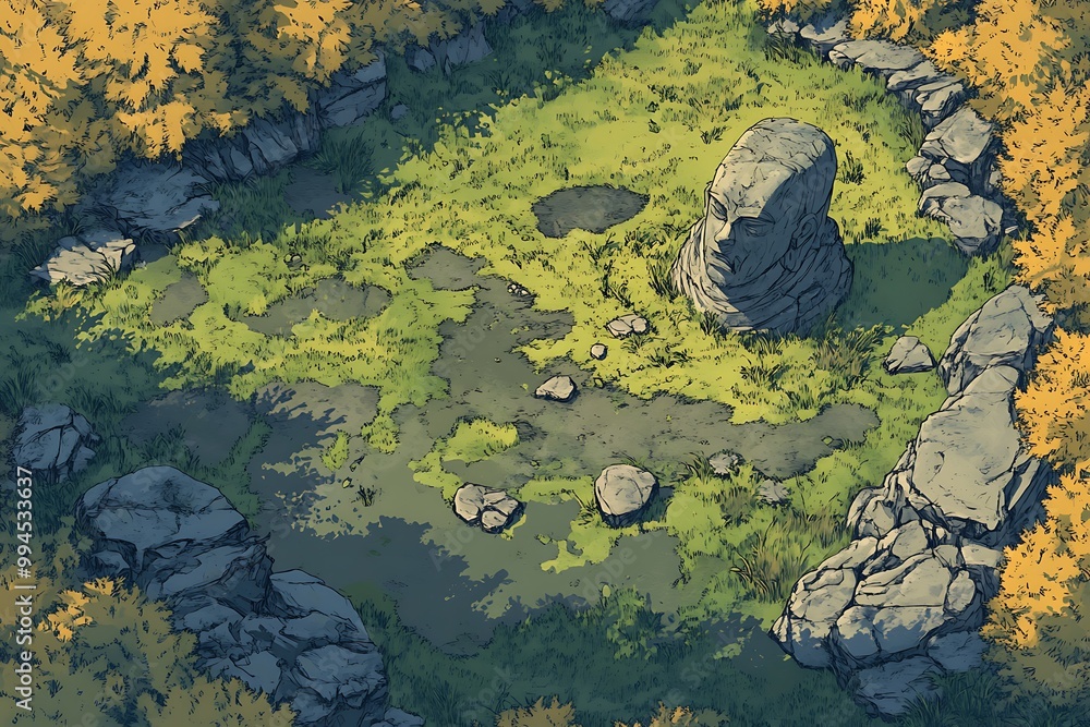 Poster top down view of a mossy forest clearing with a large rock in the middle, perfect for game design an