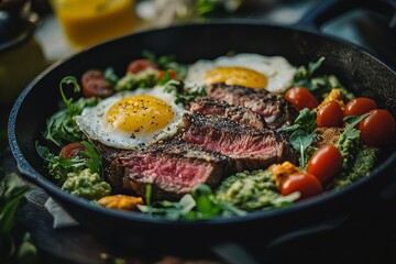 A delicious steak and egg breakfast dish.
