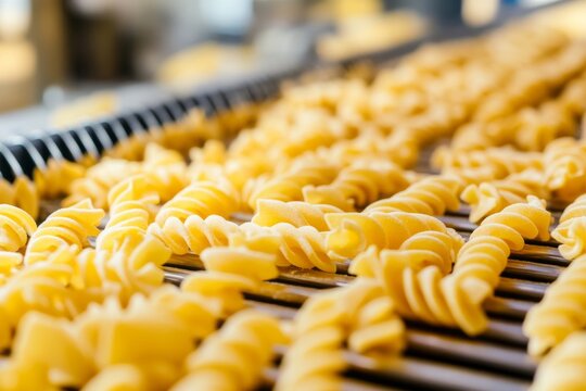 Various types of pasta being produced on a conveyor belt in the pasta production process
