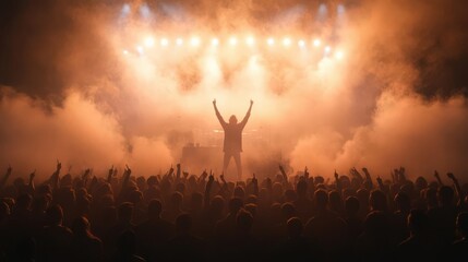 Silhouette of a rapper performing on stage in front of a crowd.