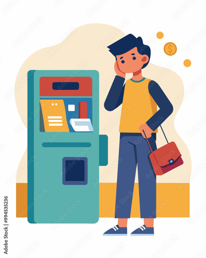 Poster a person stands in front of an atm their wallet empty and their expression frustrated.. vector illus