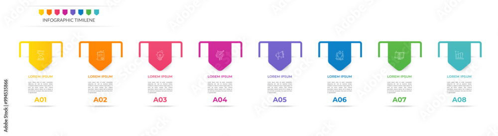 Aufkleber infographics labels vector options template with 8 steps and icons. the modern template can be used 
