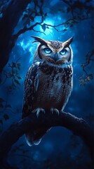 Owl perched under magical blue forest glow image