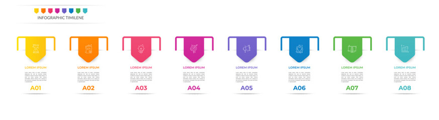 Infographics labels vector options template with 8 steps and icons. The modern template can be used for workflow layout, banners, diagrams, business options, projects, web design, marketing