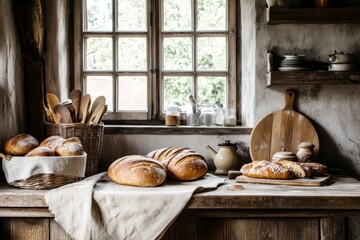 On a rustic kitchen counter, freshly baked sourdough bread and pastries