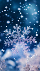 Snowflake forms in ice winter air, frost creates cool patterns, freeze temperatures bring seasonal change, blue tinted illustration of snow falling, cold weather elements decorate nature wallpaper