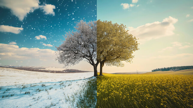 Tree transitions through seasons of weather, spring flowers bloom after winter snow, nature cycle from cold to green, summer leaves give way to autumn colors, beautiful landscape changes year round