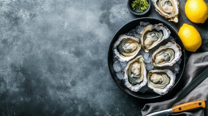 A presentation of oysters served on crushed ice with lemon wedges for National Oyster Day. Concept for food blogs, magazines, and seafood restaurants.