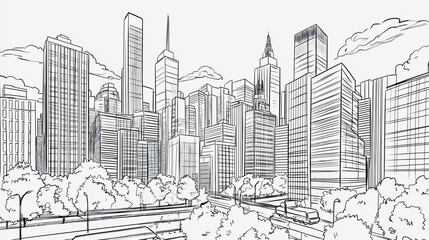 Fototapeta premium Cityscape architecture coloring page, book filled with detailed drawings, outline of town buildings for doodle art, illustrated urban landscape design, cartoon style city scene in black and white