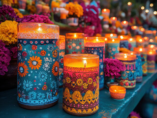 Fototapeta premium Beautiful Day of the Dead candles images showcasing decorated candles used in altars and celebrations