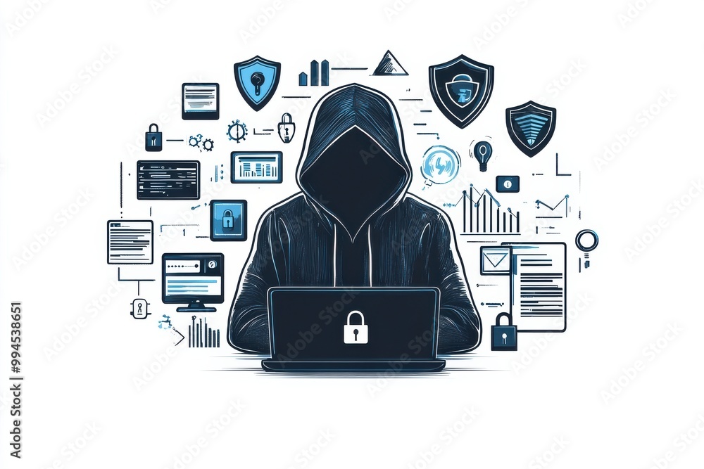 Poster digital hacker icon with security symbols in a futuristic design featuring padlock and data analytic
