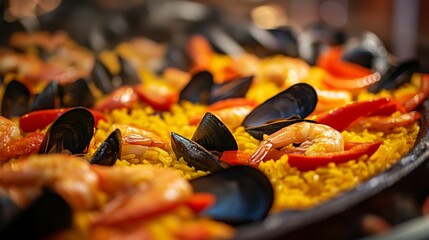 With saffron-infused rice, shrimp, mussels, clams, and bell peppers, this colorful paella makes a delicious meal