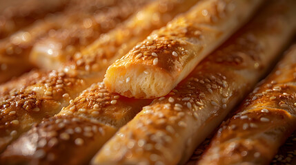 A close-up of breadsticks with a golden crust, captured using an ultra HD camera with a ring light for even illumination