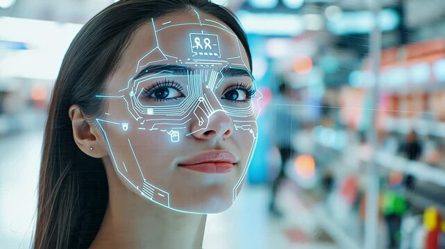 Woman getting face scanned in supermarket