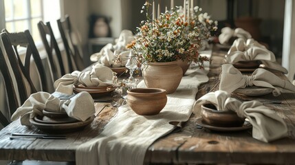 A vintage farmhouse table set for a family meal, with hand-thrown pottery, natural linen napkins, and a centerpiece of wildflowers