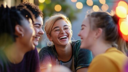 Diverse group of friends enjoying and  laughing together, A fun evening with friends