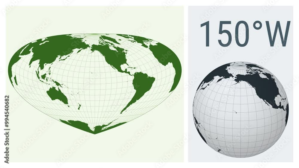 Poster world map animation in bottomley projection. solid color style. loopable animation showing longitude
