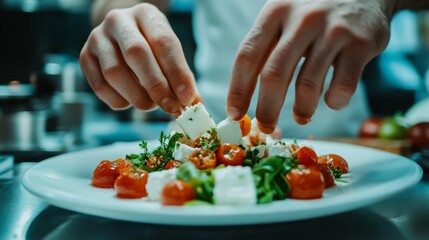 The image shows a chef enhancing a fresh and colorful vegetable salad with herbs and spices, as the creamy cheese adds depth.