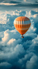 Fototapeta premium Colorful hot air balloon floats in sky, adventure travel scene with vibrant aircraft, journey over scenic landscape, freedom of flight captured in tourism trip