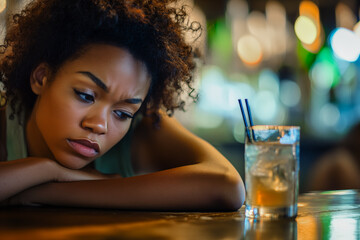 selective focus on young worried black woman at a bar with an alcoholic drink for concept of drinking, alcoholism, distress and sadness