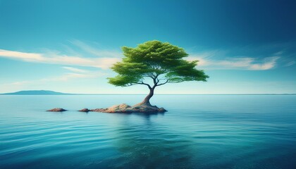 Lonely tree by the calm blue sea.