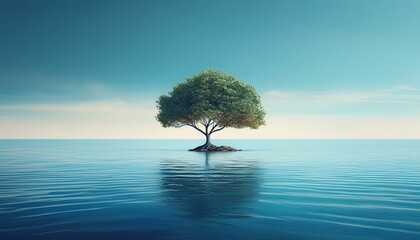Lonely tree by the calm blue sea.