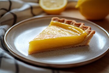 The background of the plate shows an old wooden background with a slice of lemon pie