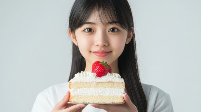 The diet asian woman girl pushes out the hand to refuse eating the piece of chiffon strawberry layer cake sweet or dessert taste, fighting to keep it from getting fat. Fast food unhealthy of weight