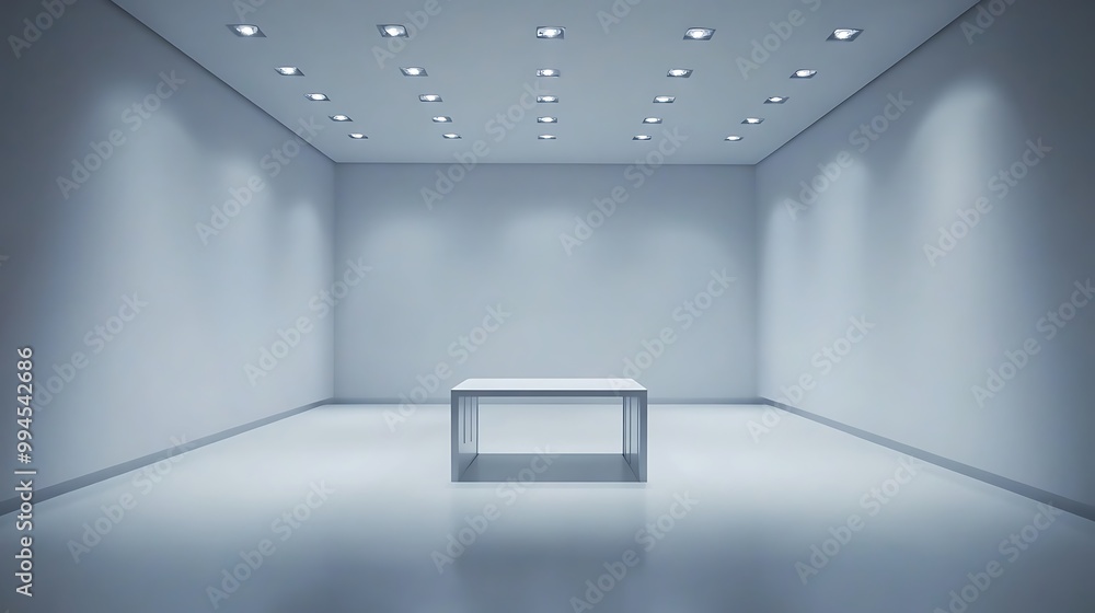 Poster empty white room with table for product display, minimalist design