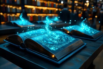A magical book fair in a fantasy world, with enchanted books glowing softly and flying off the shelves as customers browse