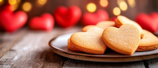 Top view of homemade heart shaped cookies on a white table. Valentine's Day greeting card with a love theme. With space for text or design.