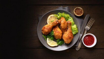 fried chicken legs with lettuce, lemon on plate. fried chicken legs served with lettuce, 