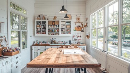 Bright Scandinavian style craft room with a large wooden table, wall-mounted storage for supplies, and large windows for natural light
