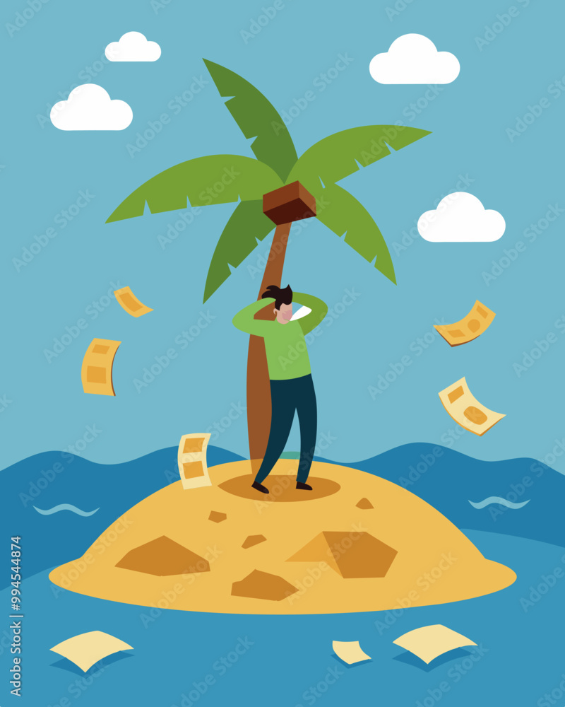 Poster a person stranded on a deserted island with a pile of debt notes instead of coconuts representing th