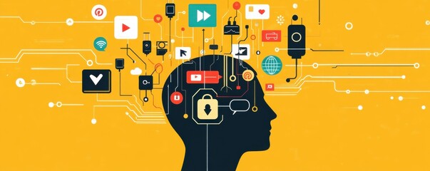 Silhouette of an adult head filled with colorful digital icons representing technology and communication in a modern interconnected world