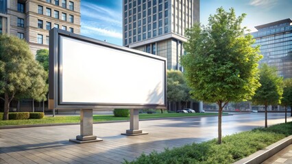 Fototapeta premium Blank billboard is standing in a city park surrounded by greenery and modern buildings with the sun shining