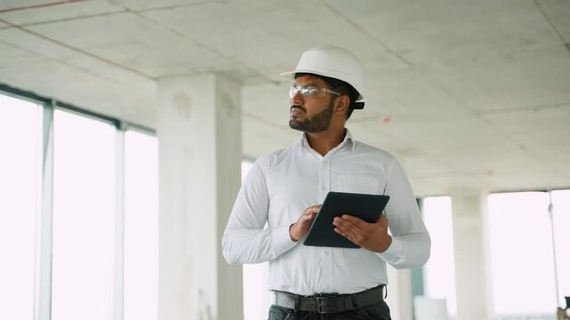 Indian engineer reviewing construction project data with tablet on-site - Powered by Adobe