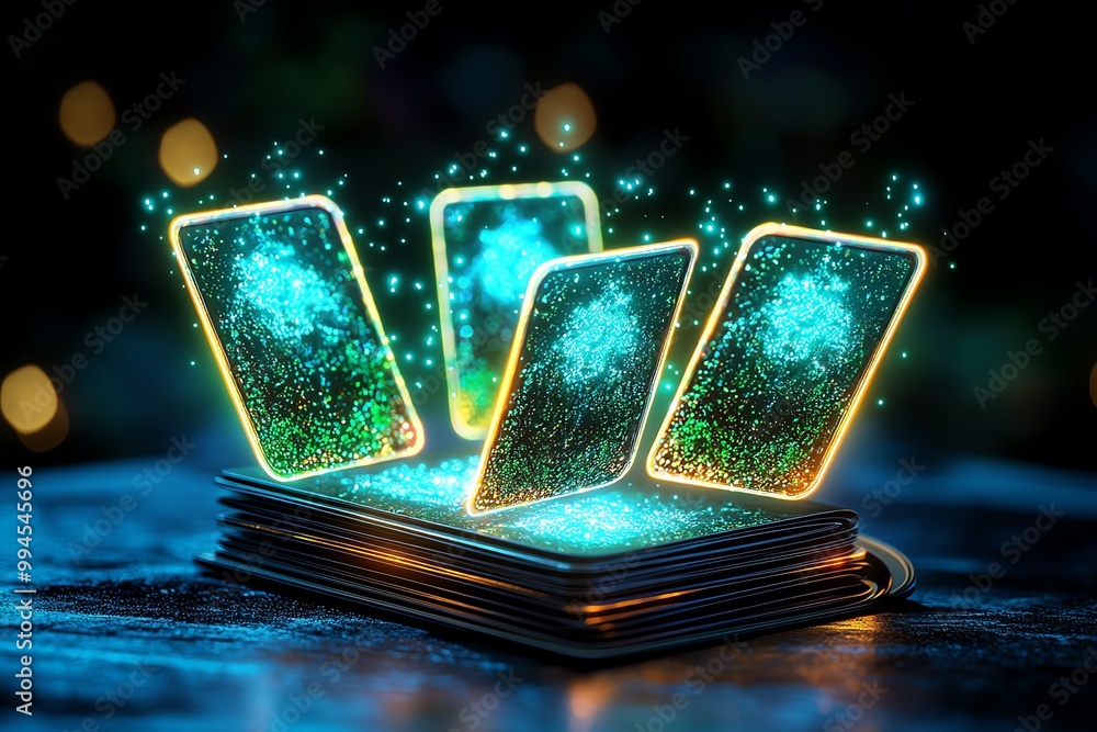 Poster a magical set of floating flashcards, where each card glows with knowledge, helping students learn f