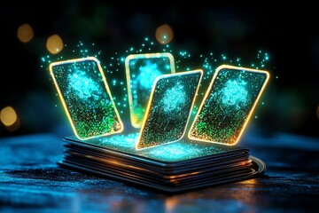 A magical set of floating flashcards, where each card glows with knowledge, helping students learn faster and more efficiently