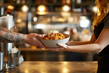 A smile spreads across the face of a young woman as she takes food from a food truck