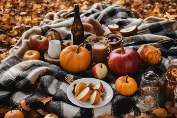 Cozy Autumn Picnic with Pumpkins, Apples, and Warm Fall Beverages, A warm and cozy autumn picnic scene with pumpkins, apples, and hot drinks set on a blanket surrounded by fall leaves