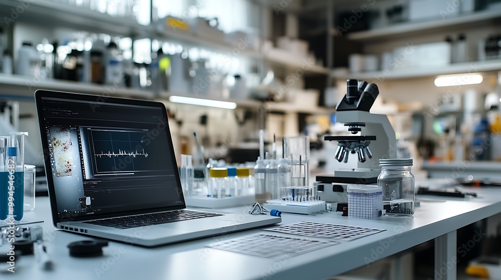 Poster laptop computer with ekg graph on screen in scientific laboratory, with microscope and beakers. scie