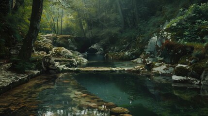 Obraz premium A tranquil forest stream surrounded by lush greenery and rocky banks.