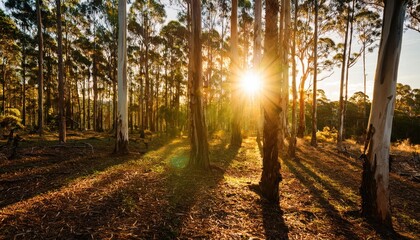 Obraz premium Golden hour tree light. Sunbeams stream through branches of eucalyptus forest 