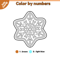 Page of kids coloring book by numbers. Cartoon Christmas gingerbread snowflake. Color the outline holiday winter baking. Educational New Year activity book for children. Contour vector illustration.