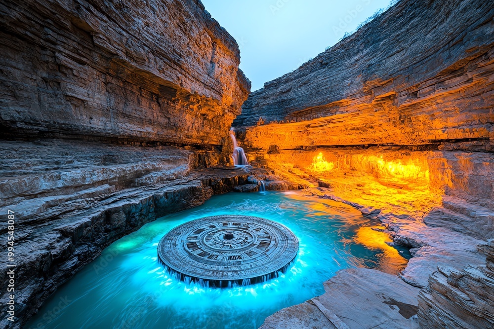 Poster a massive clock suspended in a canyon, with waterfalls of glowing blue water flowing around it. the 