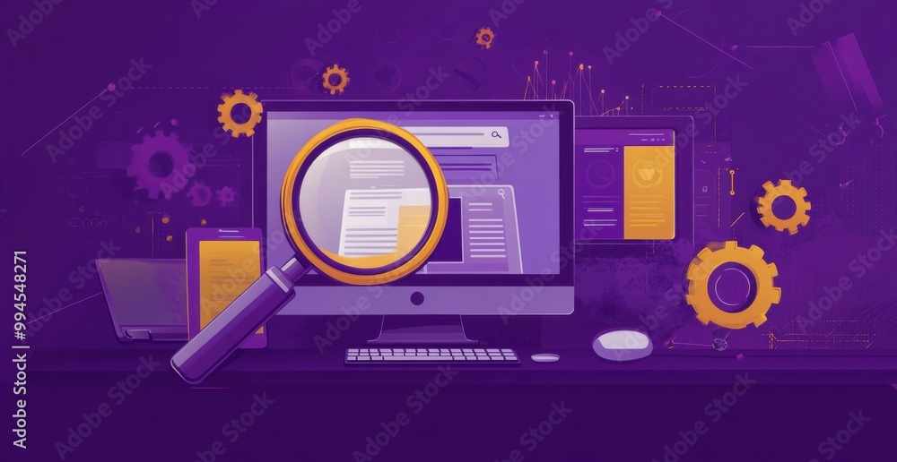 Poster online search engine interface with magnifying glass and digital elements depicting technology and d